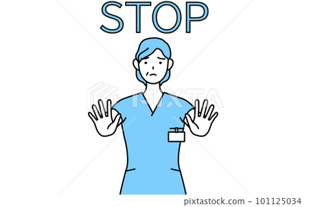 Stop signal, middle-aged / senior female nurse sticking out hand in front of body, physical therapist, occupational therapist, speech therapist, nursing Stop signal, middle-aged / senior female nurse sticking out hand in front of body, physical therapist, occupational therapist, speech therapist, nursing 101125034