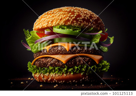 Burger on a black background, juicy burger with sesame Burger on a black background, juicy burger with sesame 101125113