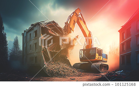 Building demolition work. Excavator on construction site 101125168
