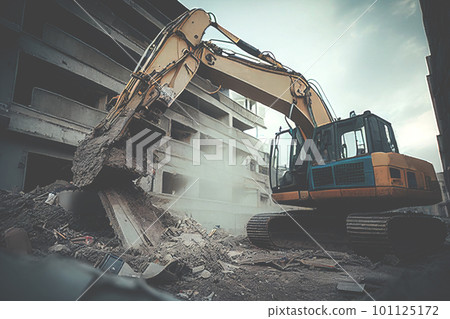 Building demolition work. Excavator on construction site 101125172