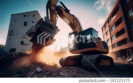Building demolition work. Excavator on construction site Building demolition work. Excavator on construction site 101125173
