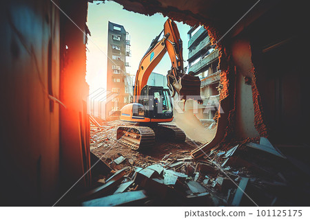 Building demolition work. Excavator on construction site Building demolition work. Excavator on construction site 101125175