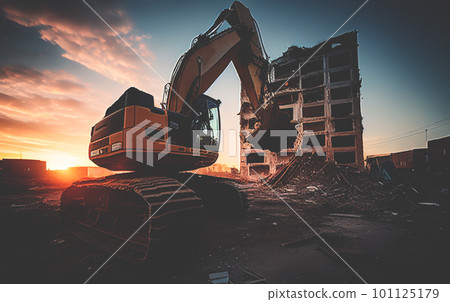 Building demolition work. Excavator on construction site Building demolition work. Excavator on construction site 101125179
