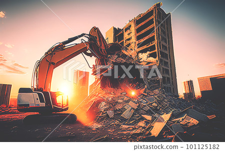 Building demolition work. Excavator on construction site 101125182