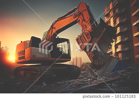 Building demolition work. Excavator on construction site Building demolition work. Excavator on construction site 101125183