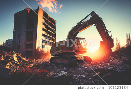 Building demolition work. Excavator on construction site Building demolition work. Excavator on construction site 101125184