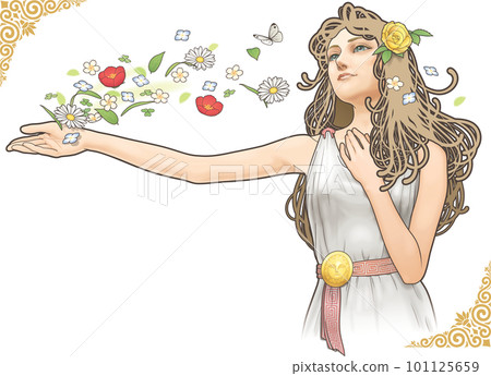 Goddess of spring who sprinkles flowers (horizontal composition) _ Art Nouveau style Goddess of spring who sprinkles flowers (horizontal composition) _ Art Nouveau style 101125659
