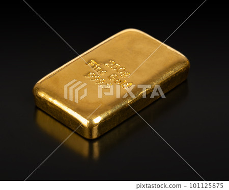 Cast gold bar, front view, over black. Stamped bullion bar of 250 gram or 8.04 troy oz refined gold. Real money, store of value and traditional way of investing in precious metals for over 4000 years. 101125875