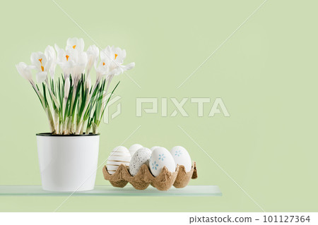 Easter eggs in buff container and spring crocus flower pot on tender green background. Side view on shelf. Happy Easter. Copy space. Easter eggs in buff container and spring crocus flower pot on tender green background. Side view on shelf. Happy Easter. Copy space. 101127364
