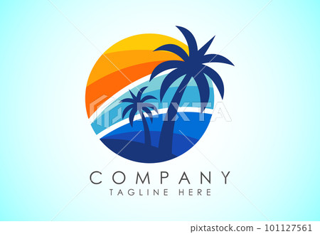 Beach logo design. Sun sunset sunrise with beach ocean sea water logo icon. 101127561