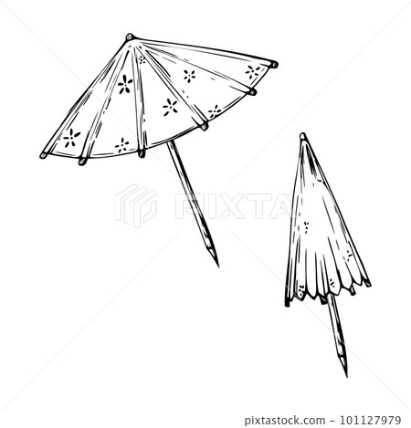 Hand drawn vector ink elements. Striped paper cocktail umbrellas, open and folded. Isolated on white background. Design wall art, wedding, print, fabric, cover, card, tourism, travel booklet. Hand drawn vector ink elements. Striped paper cocktail umbrellas, open and folded. Isolated on white background. Design wall art, wedding, print, fabric, cover, card, tourism, travel booklet. 101127979