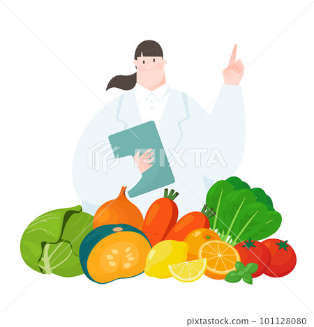 A vector illustration of a nutritionist who talks about points and vegetables and fruits. A vector illustration of a nutritionist who talks about points and vegetables and fruits. 101128080
