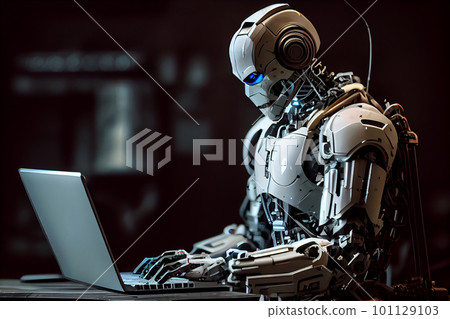 Chat bot assistant, Robot online assistance and machine customers support on desk with computer, robot working chatbot texting, coding or developing project, Generative AI 101129103