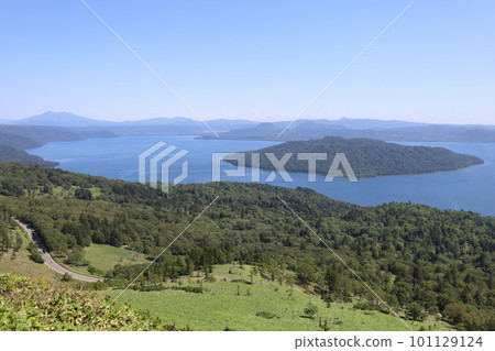 Hokkaido, Bihoro Pass, Lake Kussharo in clear weather overlooking vast land and lake Hokkaido, Bihoro Pass, Lake Kussharo in clear weather overlooking vast land and lake 101129124