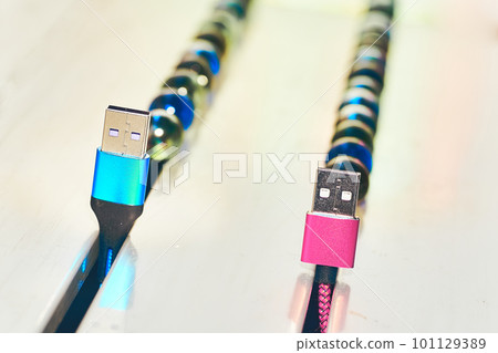 Blue and pink usb cords with abstract colorful balloons decor Blue and pink usb cords with abstract colorful balloons decor 101129389