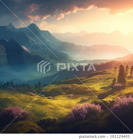 Beautiful summer landscape with mountains, hills and nature Beautiful summer landscape with mountains, hills and nature 101129405