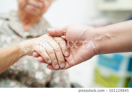 Caregiver holding hands Asian elderly woman patient, help and care in hospital. 101129845