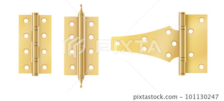 Golden door hinges construction hardware. Realistic set of gold tools for joint gates and windows.metal hinges for house and furniture. vector 101130247