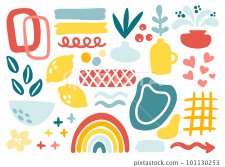 Set of hand drawn figures and doodles. Abstract modern trendy vector illustration. Isolated elements in bright summer colors. Vector illustration 101130253