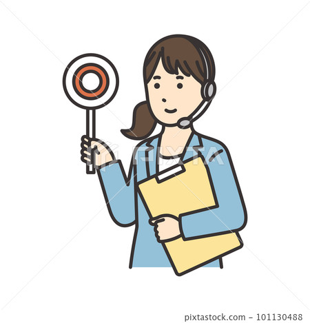 Illustration of an operator woman holding documents and a circle tag 101130488