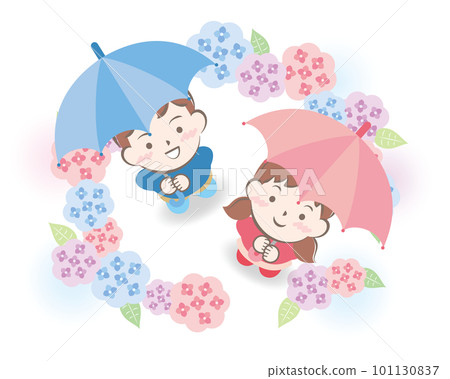 Children with umbrellas surrounded by hydrangeas 101130837
