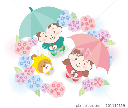 帶雨傘的孩子和被繡球花包圍的柴犬 帶雨傘的孩子和被繡球花包圍的柴犬 101130839