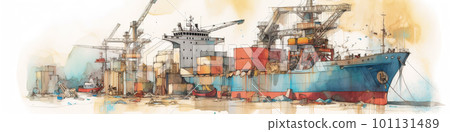 dry cargo ship nautical vessel staying in the port, concept watecolor banner illustration isolated on white, AI generative image 101131489