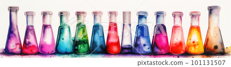 Multicolored glass flasks, chemistry concept watecolor banner illustration isolated on white, AI generative image Multicolored glass flasks, chemistry concept watecolor banner illustration isolated on white, AI generative image 101131507