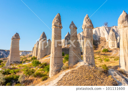 View of Love valley near Goreme village, Cappadocia, Turkey 101131600