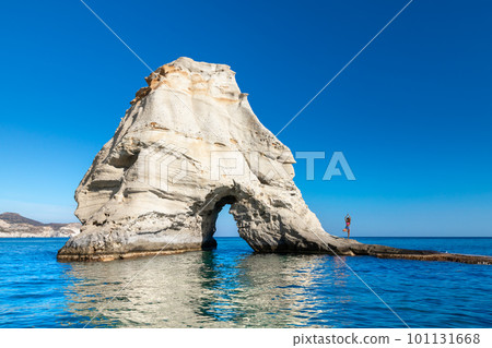 Kleftiko Bay, a scenic attraction with white volcanic rocks and caves. Milos Island, Greece Kleftiko Bay, a scenic attraction with white volcanic rocks and caves. Milos Island, Greece 101131668