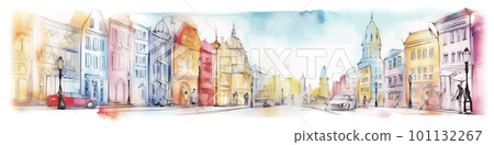 City view of historic part of typical european town, concept watercolor banner illustration isolated on white, AI generative image City view of historic part of typical european town, concept watercolor banner illustration isolated on white, AI generative image 101132267