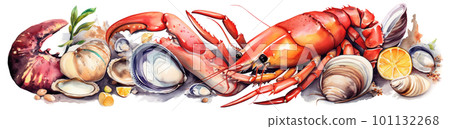 Variety of seafood or sea fruirts, concept watercolor banner illustration isolated on white, AI generative image Variety of seafood or sea fruirts, concept watercolor banner illustration isolated on white, AI generative image 101132268