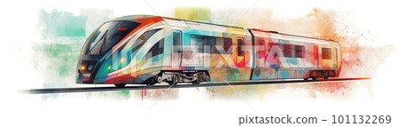 Railroad and small train, concept watercolor banner illustration isolated on white, AI generative image Railroad and small train, concept watercolor banner illustration isolated on white, AI generative image 101132269