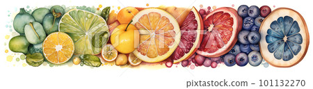 Rainbow variety fresh juicy fruits, concept watercolor banner illustration isolated on white, AI generative image Rainbow variety fresh juicy fruits, concept watercolor banner illustration isolated on white, AI generative image 101132270