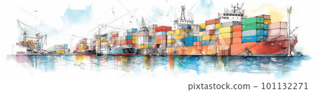 dry cargo ship nautical vessel staying in the port, concept watecolor banner illustration isolated on white, AI generative image dry cargo ship nautical vessel staying in the port, concept watecolor banner illustration isolated on white, AI generative image 101132271