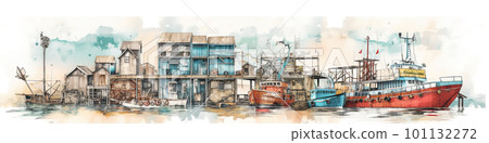 Fishing boats moored in the harbor, concept banner illustration isolated on white, AI generative image 101132272