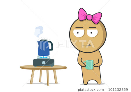 A girl stands with a mug of tea in her hands in the kitchen next to the kettle 101132869