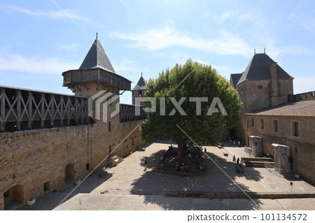 The courtyard of the Cité fortress in Carcassonne, France The courtyard of the Cité fortress in Carcassonne, France 101134572