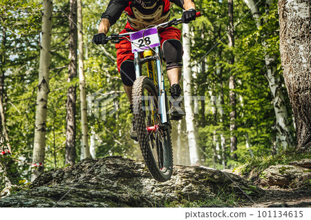 close-up male rider on downhill bike riding forest trail, racing DH mountain bike, extreme sport games 101134615
