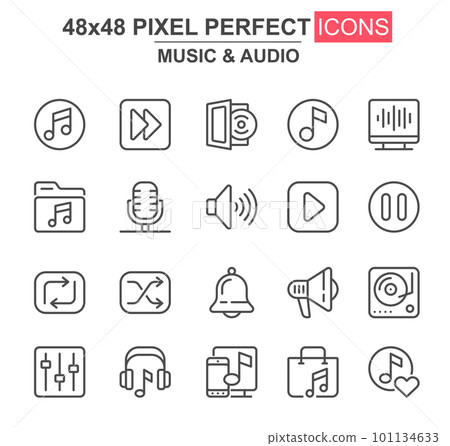 Music and audio thin line icon set. Player, mixer, equalizer, headphone, loudspeaker, record, microphone unique icons. Outline vector bundle for UI UX design. 48x48 pixel perfect 101134633