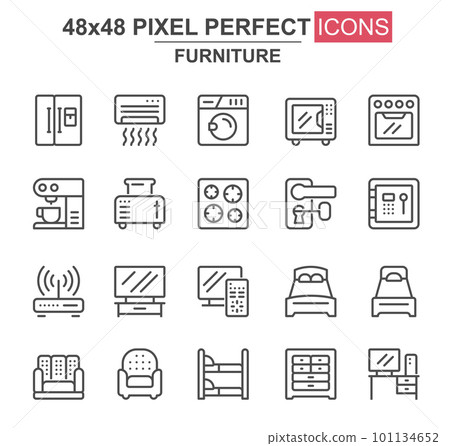 Furniture thin line icon set. Refrigerator, coffee maker, toaster, oven, safe, router, air conditioner unique icons. Outline vector bundle for UI UX design. 48x48 pixel perfect Furniture thin line icon set. Refrigerator, coffee maker, toaster, oven, safe, router, air conditioner unique icons. Outline vector bundle for UI UX design. 48x48 pixel perfect 101134652