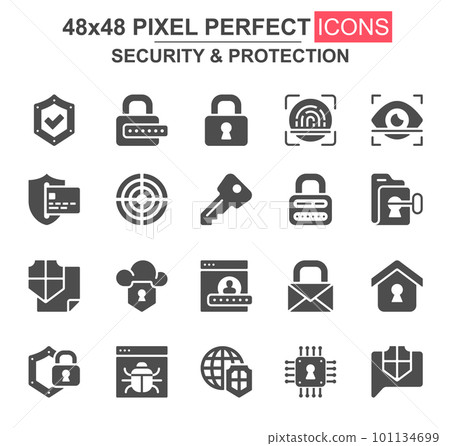 Security and protection glyph icon set. Password, padlock, fingerprint, retina scan, firewall, bug, shield unique icons. Flat vector bundle for UI UX design. 48x48 pixel perfect GUI Security and protection glyph icon set. Password, padlock, fingerprint, retina scan, firewall, bug, shield unique icons. Flat vector bundle for UI UX design. 48x48 pixel perfect GUI 101134699