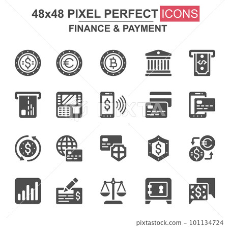Finance and payment glyph icon set. Bank, currency, deposit, credit card, security, exchange, mobile wallet unique icons. Flat vector bundle for UI UX design. 48x48 pixel perfect GUI Finance and payment glyph icon set. Bank, currency, deposit, credit card, security, exchange, mobile wallet unique icons. Flat vector bundle for UI UX design. 48x48 pixel perfect GUI 101134724