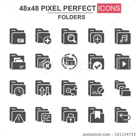 Folders glyph icon set. Add, delete, archive, media sources, security, search, lock, transfer, uploading unique icons. Flat vector bundle for UI UX design. 48x48 pixel perfect GUI 101134733