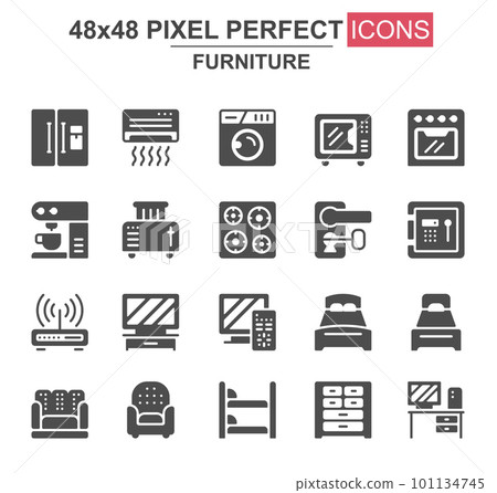 Home furniture glyph icon set. Refrigerator, coffee maker, toaster, bed, oven, safe, router, air conditioner unique icons. Flat vector bundle for UI UX design. 48x48 pixel perfect GUI 101134745