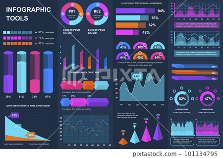 Bundle infographic UI, UX, KIT elements. Different charts, diagrams, workflow, flowchart, timeline, schemes, marketing icons, graphs and bars design template. Vector info graphic and infographics set. 101134795