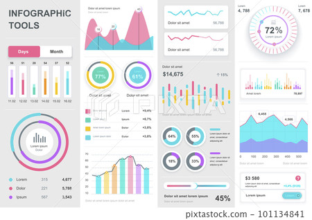 Bundle infographic UI, UX, KIT elements. Different charts, diagrams, workflow, flowchart, timeline, schemes, marketing icons, graphs and bars design template. Vector info graphic and infographics set. 101134841