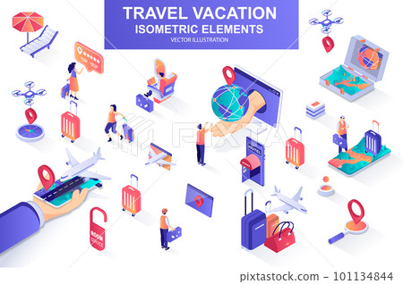 Travel vacation bundle of isometric elements. Flight booking, airplane boarding, tourist with luggage, travel agency, hotel reservation icons. Isometric vector illustration kit with people characters. 101134844