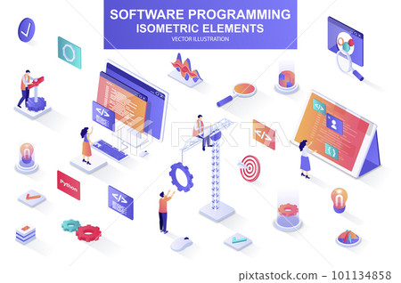 Software programming bundle of isometric elements. Program languages, developer, software engineering, back end development isolated icons. Isometric vector illustration kit with people characters. Software programming bundle of isometric elements. Program languages, developer, software engineering, back end development isolated icons. Isometric vector illustration kit with people characters. 101134858