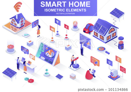 Smart home bundle of isometric elements. Solar power generation, air conditioning, automation, control and monitoring system isolated icons. Isometric vector illustration kit with people characters. 101134866